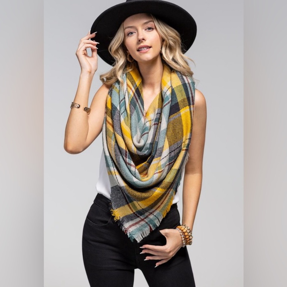 Mustard Multi Colored Plaid Blanket Scarf